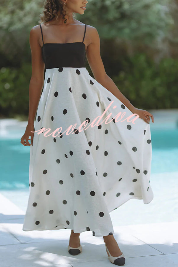 Alias Linen Blend Polka Dot Colorblock Back Smocked Pocket Slip Maxi Dress