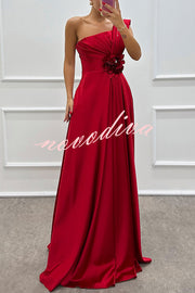 Nasha Satin Pleated One Shoulder Petal Gemstone Detail Pocket Slit Maxi Dress