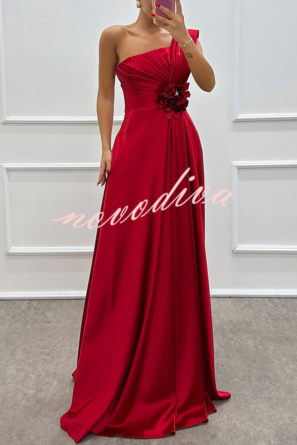 Nasha Satin Pleated One Shoulder Petal Gemstone Detail Pocket Slit Maxi Dress