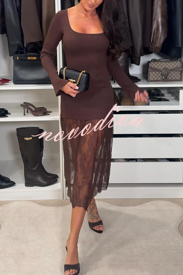 Ellie Ribbed Knit Square Neck Long Sleeve Lace Patchwork Hem Midi Dress