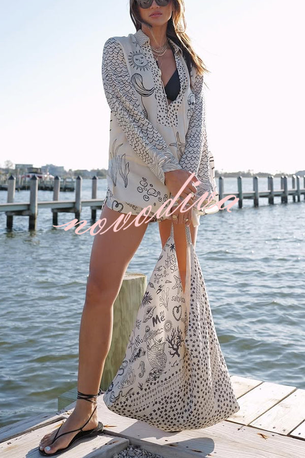 Live By Water Satin Unique Print Tassle Shirt and Elastic Waist Shorts Set