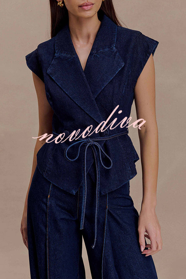 Charley Denim Button Up Cap Short Sleeve Structured Tie-up Lapel Top