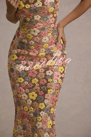 80's Inspired Floral Print Sequin Square Neck Slip Stretch Maxi Dress