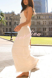 Feel Chic and Romantic Sequin Textured Material Back Elastic Halter Tie Tank and Drawstring Waist Tiered Maxi Skirt Set