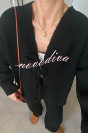 Solid Color V-neck Tie Long-sleeved Loose Knit Cardigan and Elastic Waist Casual Straight Leg Pants Set