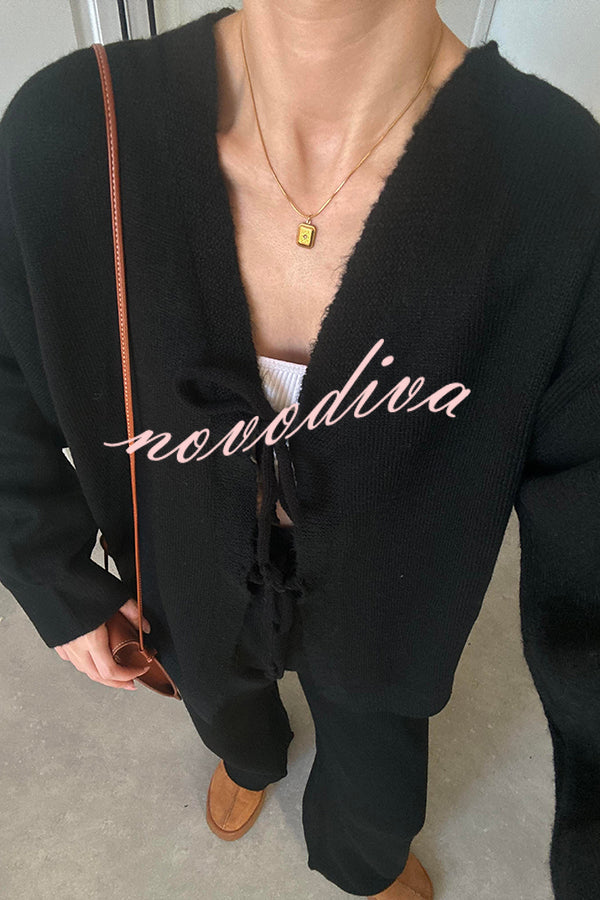 Solid Color V-neck Tie Long-sleeved Loose Knit Cardigan and Elastic Waist Casual Straight Leg Pants Set