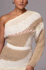 Soft Autumn Knit Colorblock One Shoulder Sleeve Ribbed Trim Loose Sweater