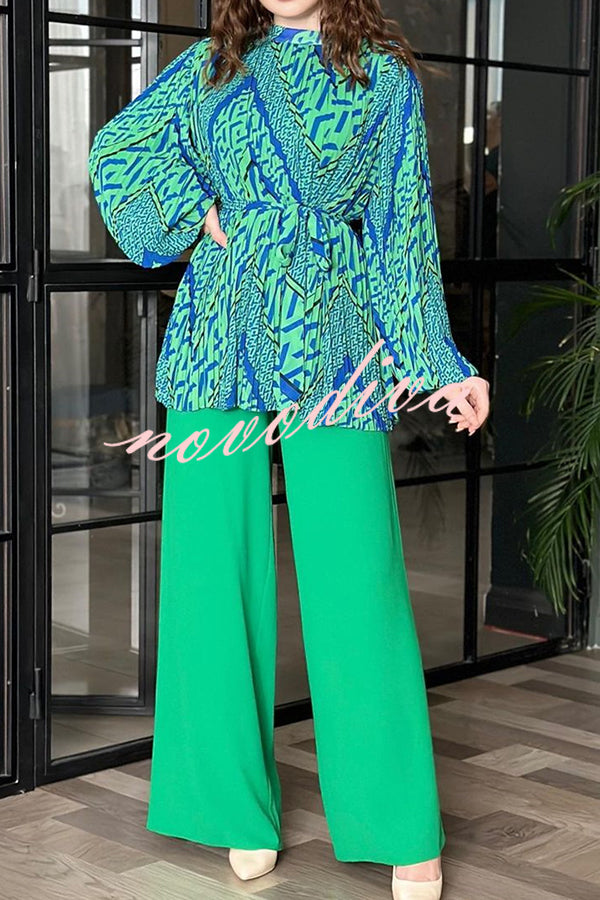 Unique Printed Puff Sleeve Pleated Loose Top and Casual Wide-leg Pants Set