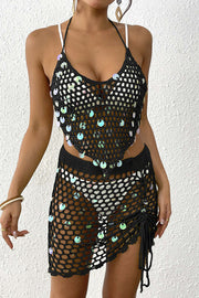 Sexy Halter Neck Sequined Knit Top and Tie-Back Hollow Skirt Cover-up Set