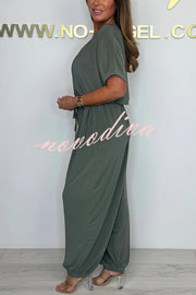 Solid Color V-neck Short-sleeved Waist-tied Loose Casual Jumpsuit