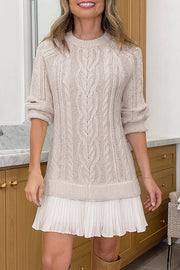 Delphine Knit Cable Textured Long Sleeve Pleated Chiffon Hem Sweater Mini Dress