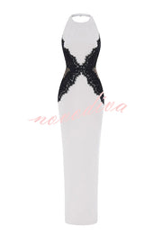 Sexy Halterneck Lace Paneled Backless Slim Maxi Dress