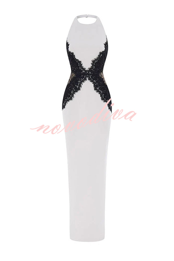 Sexy Halterneck Lace Paneled Backless Slim Maxi Dress