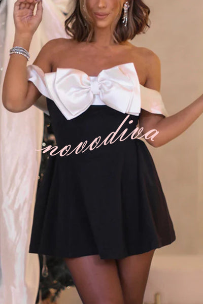 Make A Toast Colorblock Off Shoulder Satin Bow Mini Dress