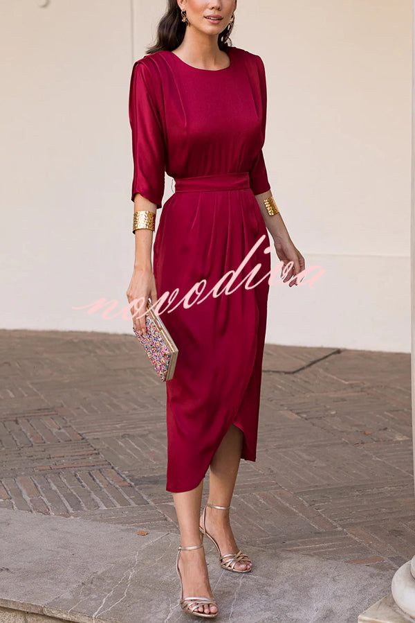 Satin Solid Color Round Neck Half Sleeve Waist Midi Dress