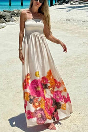 Hidden Garden Satin Floral Print Smocked Tie-up Shoulder Maxi Dress