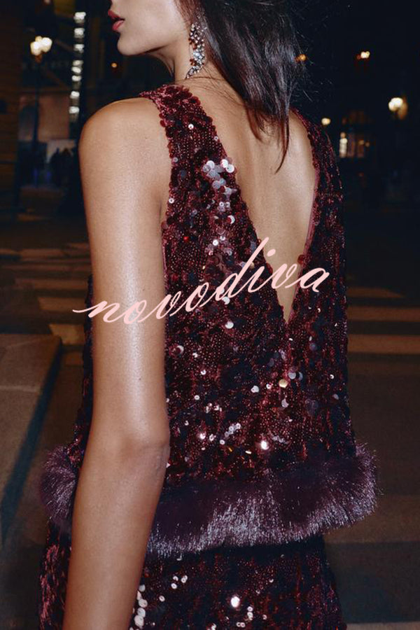 Gala Goddess Sequin Faux Fur Trim Crew Neck Sleeveless Loose Top