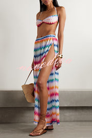 Colorful Zigzag Pattern Halter Neck Stretch Bikini and Elastic Waist Slit PantsThree-Piece Set