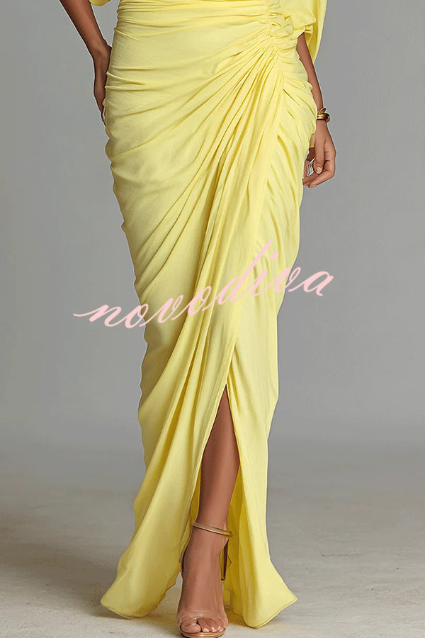 Fashionable High-neck Half-sleeve Waist-cinching Pleated Maxi Dress