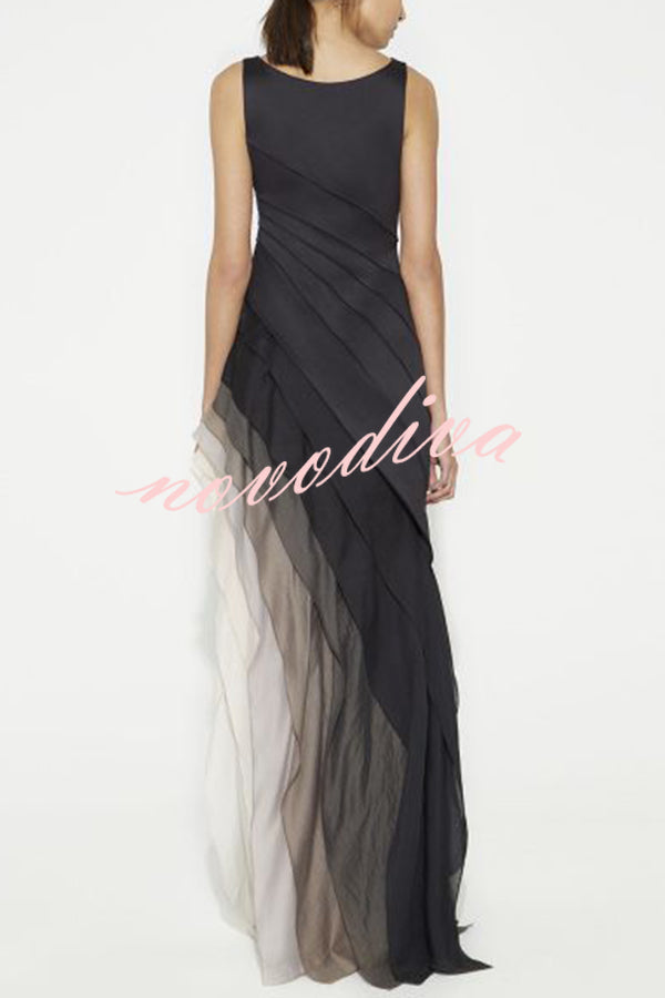 Elegant and Mysterious Tulle Gradient Cascading Design Gown Maxi Dress