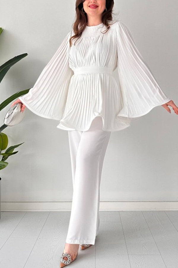 Solid Color Round Neck Flared Sleeve Pleated Tie Waist Top and Elastic Waist Casual Straight Pants Set