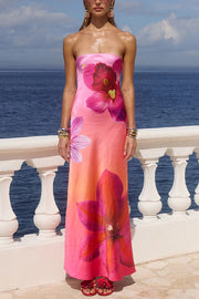 Floral Print Sexy Strapless Backless Holiday Maxi Dress