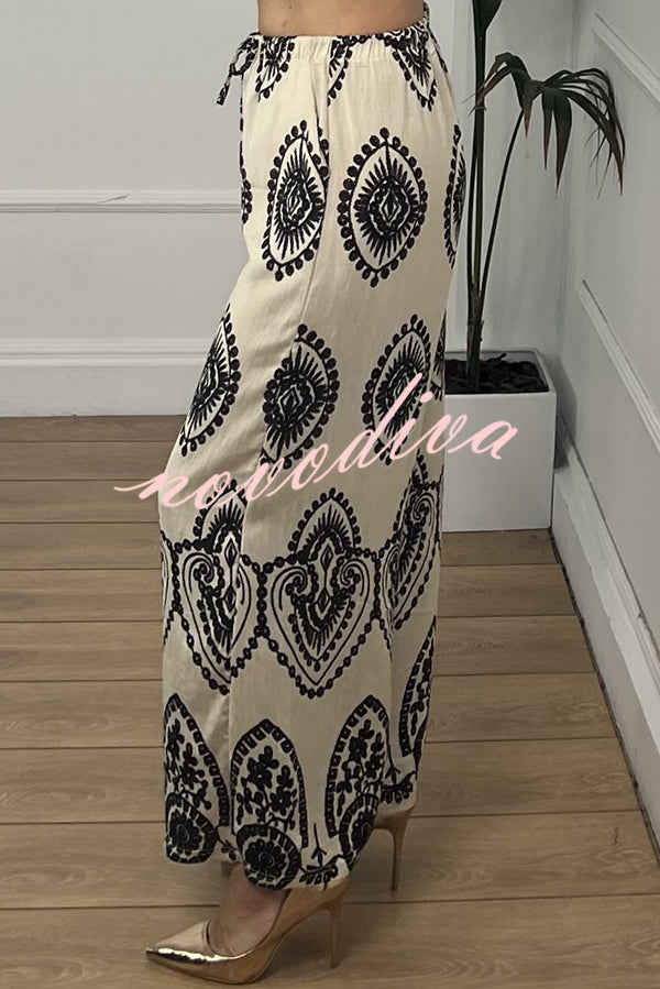 Unique Print Elastic Waist Casual Pocket Wide Leg Pants