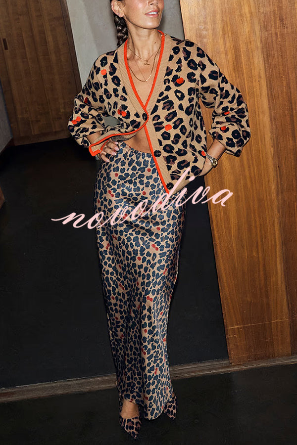 Perfect for Winter Leopard Cherry Print Satin Elastic Waist Draped Maxi Dress