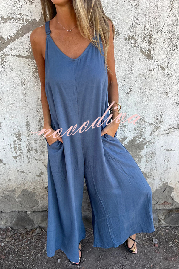 Linen Blend Solid Color Suspenders Loose Pockets Casual Wide-leg Jumpsuit