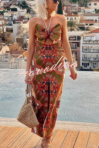 Rosalyn Unique Print 3D Butterfly Cutout Tassle Strap Halter Maxi Dress