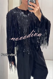 Party Crasher Layered Sequined Tassels Long Sleeve Loose Jacket