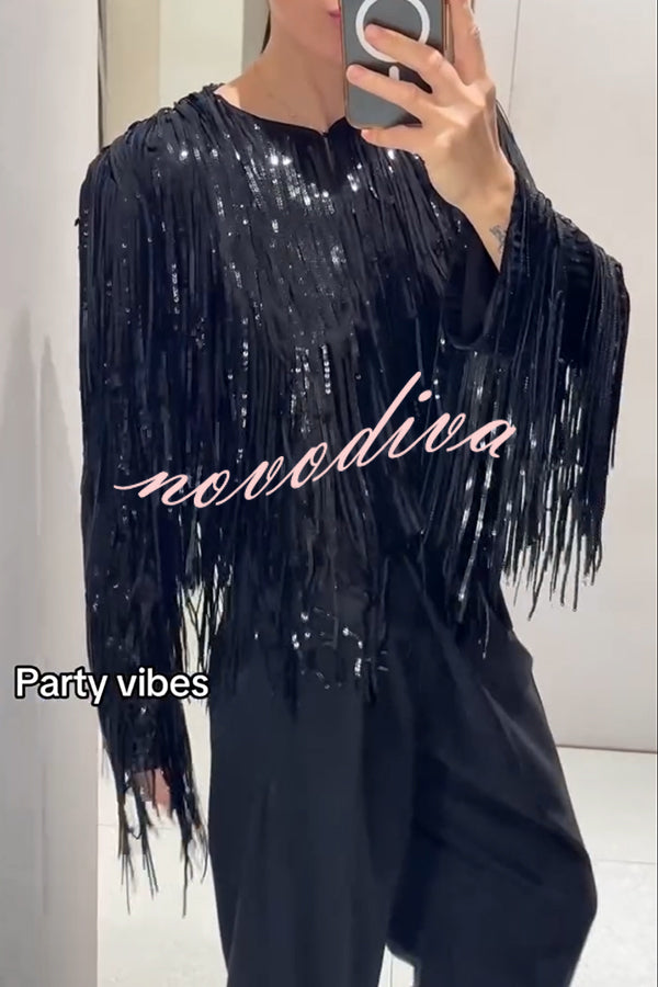 Party Crasher Layered Sequined Tassels Long Sleeve Loose Jacket