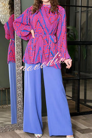 Unique Printed Puff Sleeve Pleated Loose Top and Casual Wide-leg Pants Set