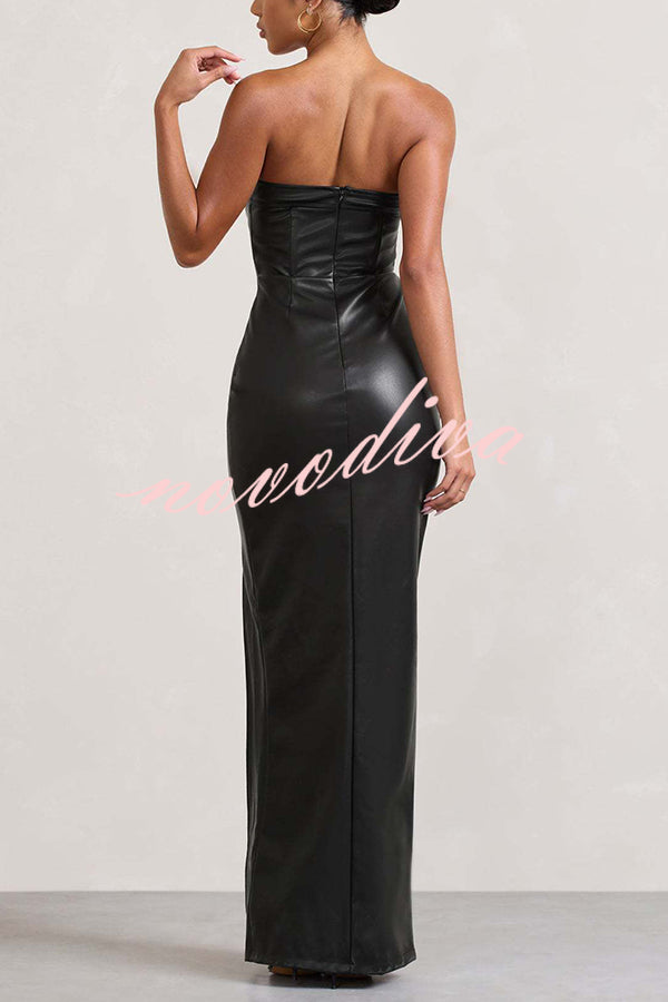 Sexy Meaning Faux Leather Strapless Bandeau Split Maxi Dress