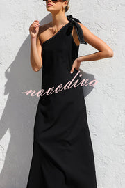 Solid Color One-shoulder Strappy Elegant Sloping Collar Loose Maxi Dress