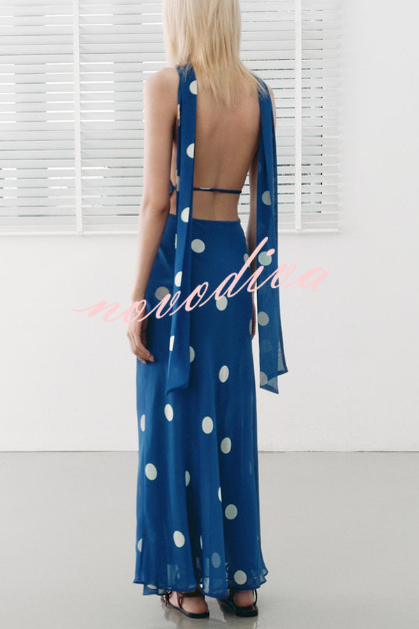 Fashion Polka Dot Print Sexy Halter Neck Backless Maxi Dress
