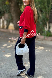 Stylish Color-blocked V-neck Knitted Button-down Cardigan and Elastic Waist Casual Wide-leg Pants Set