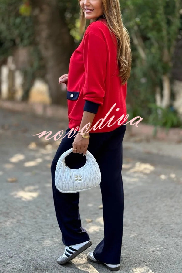 Stylish Color-blocked V-neck Knitted Button-down Cardigan and Elastic Waist Casual Wide-leg Pants Set