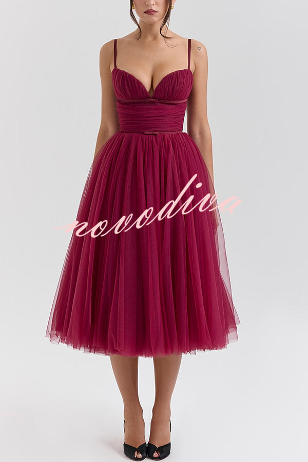 Royal Treatment Tulle Bows Detail Ruched Slip Midi Dress