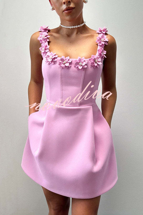 Cindy Faux Pearl Flower Applique Square Neck Pocketed Mini Dress