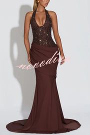 Exclusive Declaration Sequin Halter Neck Back Lace-up Ruched Hem Maxi Dress