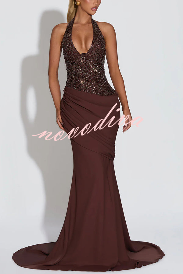 Exclusive Declaration Sequin Halter Neck Back Lace-up Ruched Hem Maxi Dress