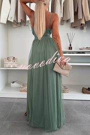 Solid Color Tulle Halter Back High Slit Maxi Dress