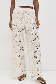 Lillah Embroidered Lace Shell Pattern Elastic Waist Wide Leg Pants