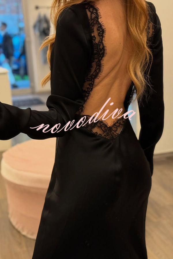 Mystic Moment Satin Lace Trim Long Sleeve Backless Maxi Dress