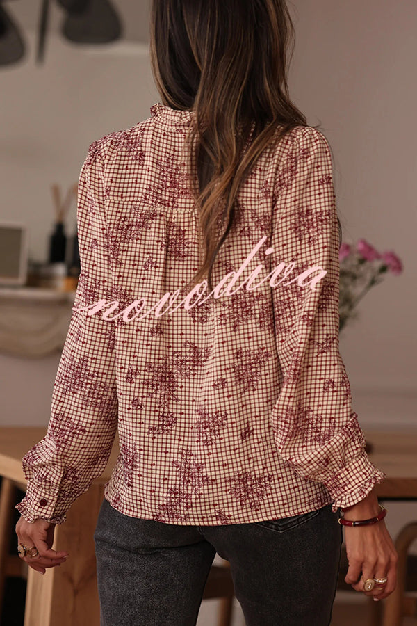 Plant Plaid Printed Long-sleeved Ruffles Casual Shirt