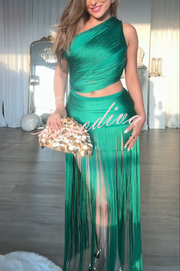 Dancing Miracle One Shoulder High Waist Hollow Design Tassel Hem Drape Mini Dress