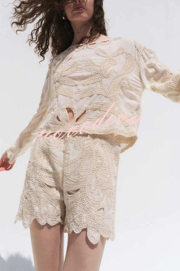 Fashionable Round Neck Long Sleeve Hollow Embroidered Top and Elastic Waist Loose Shorts Set