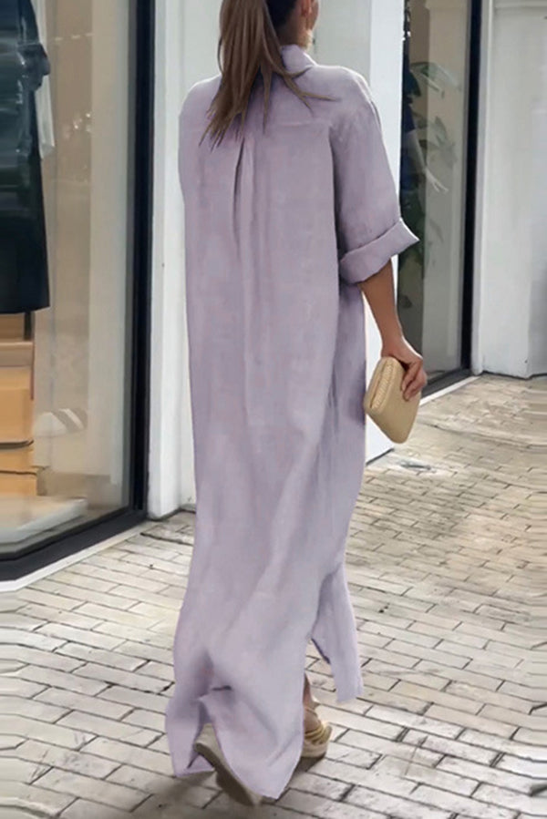 Linen Blend Solid Long Sleeve Buttoned Loose Shirt Style Maxi Dress