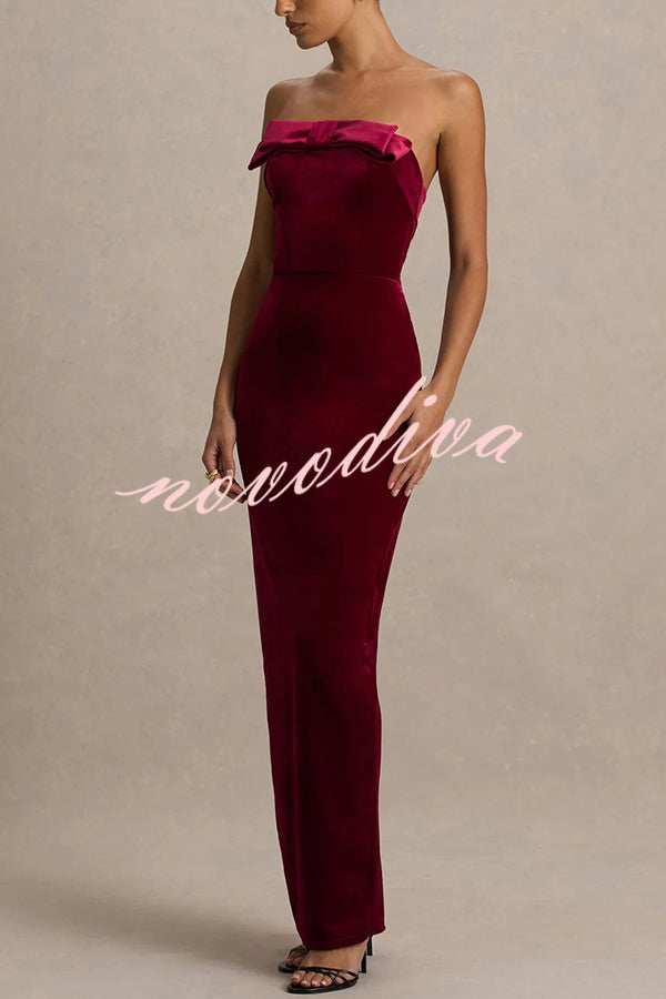 Illusion Velvet Bandeau neck Bow detail Stretch Maxi Dress